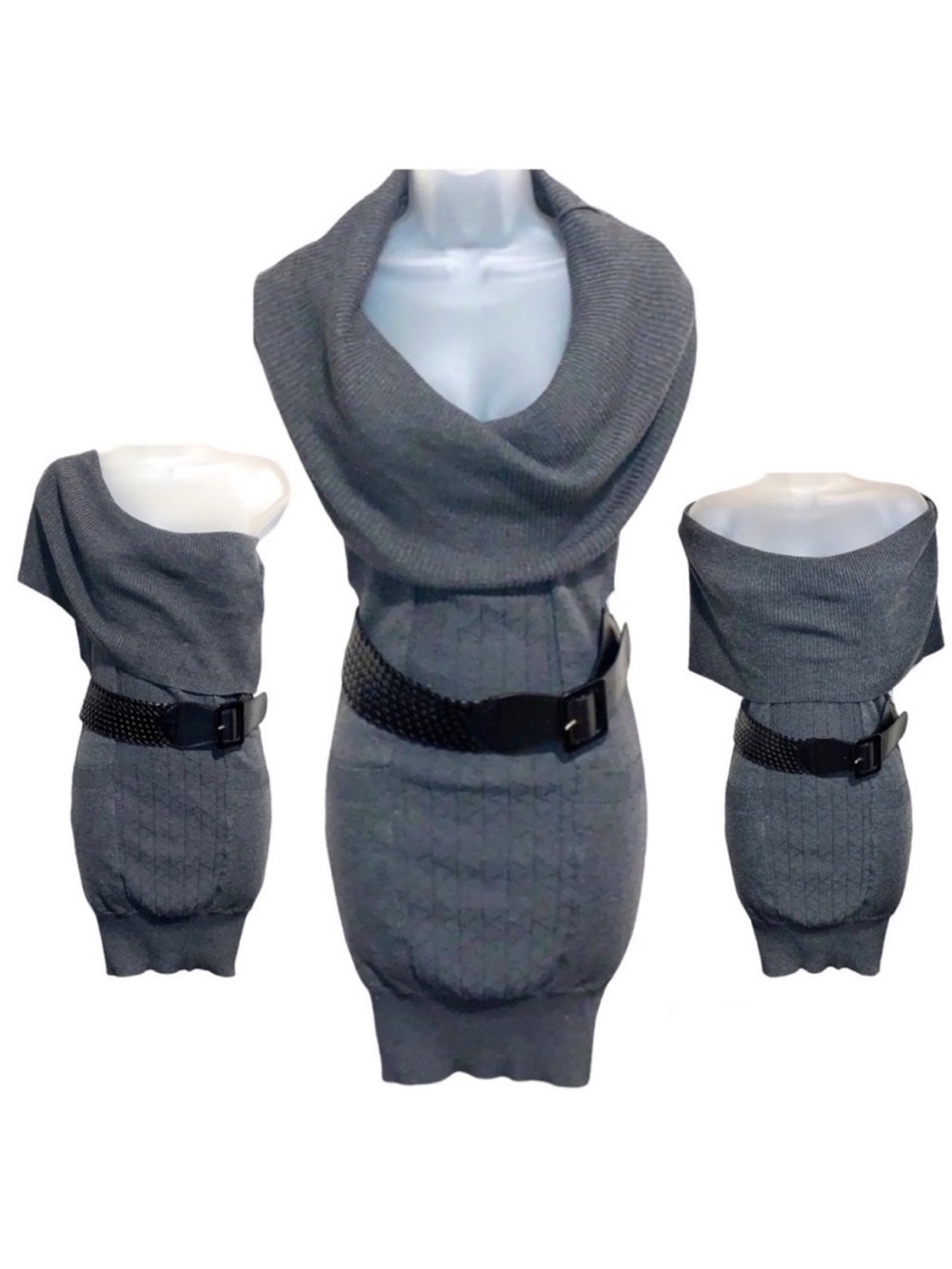 Y2K Grass Collection Cable Knit Mini Sweater Dress Gray Belted Medium Bodycon